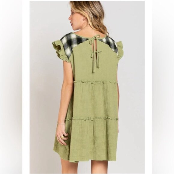 POL | Chelsea Ruffle Plaid Gauze Tunic Mini Dress Navy Charcoal Deep Olive Green - Picture 10 of 13